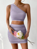 Ruched Single Shoulder Top and Skirt Set - Piña Colada