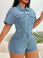 Collared Neck Short Sleeve Denim Romper - Piña Colada