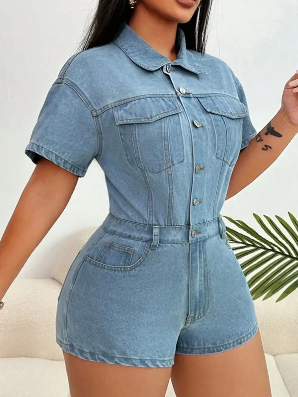 Collared Neck Short Sleeve Denim Romper - Piña Colada