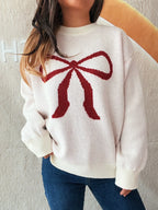 Bow Pattern Casual Long Sleeve Sweater - Piña Colada
