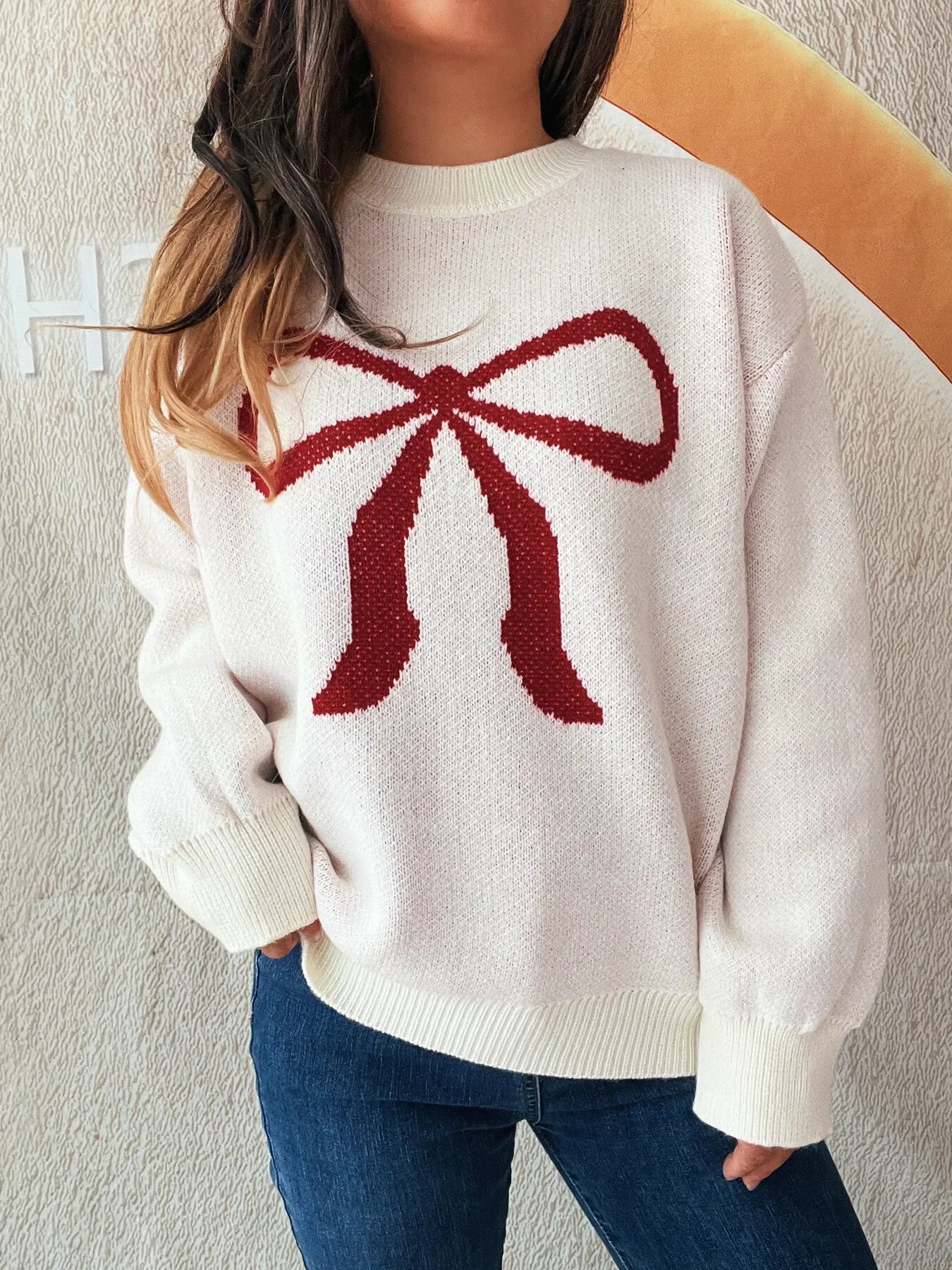 Bow Pattern Casual Long Sleeve Sweater - Piña Colada