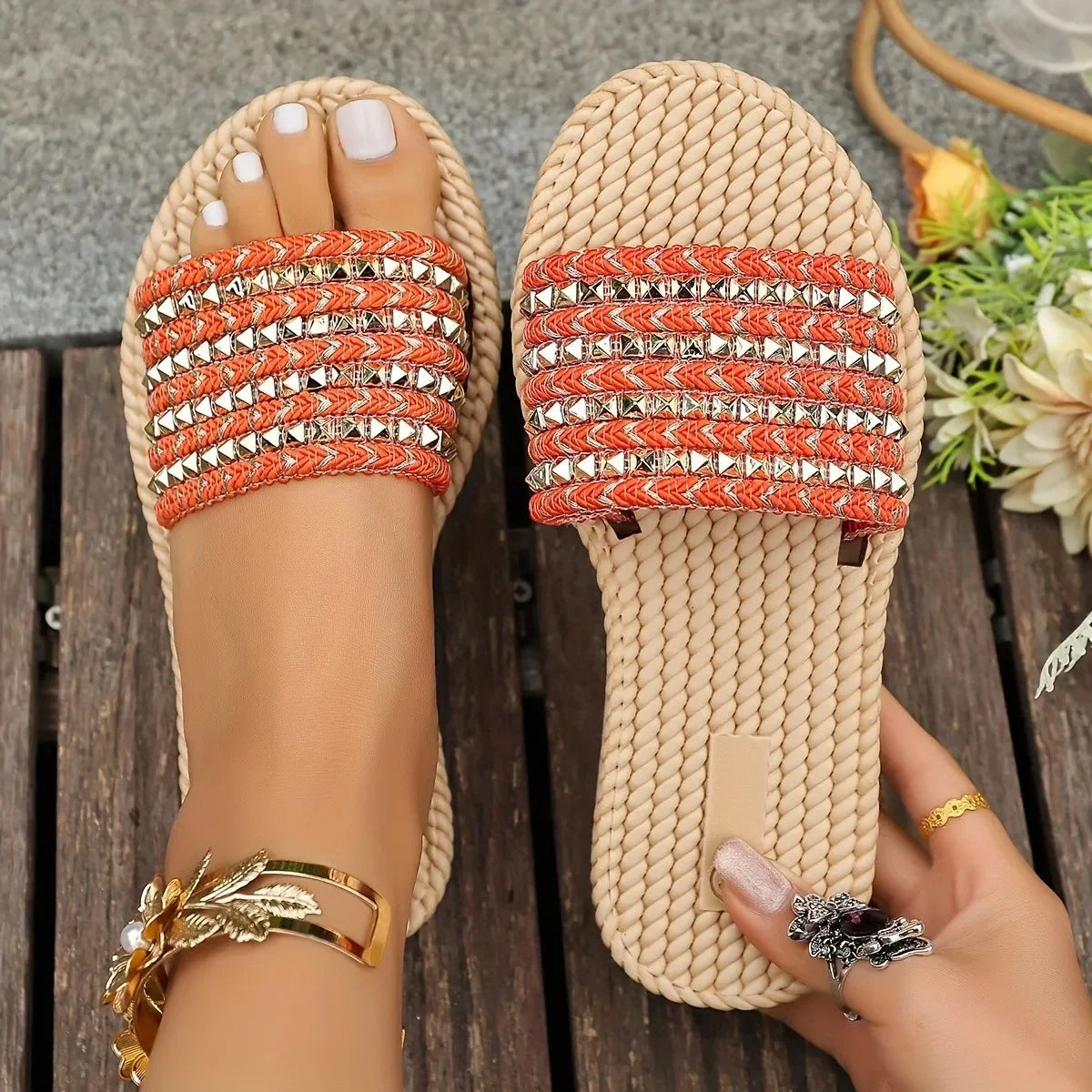 Studded Open Toe Flats Sandals - Piña Colada