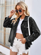 Pearl Trim Raw Hem Denim Jacket - Piña Colada