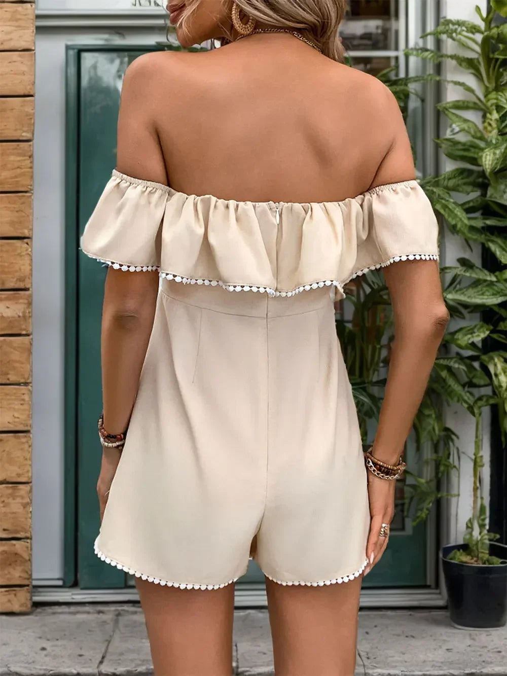 Perfee Tied Ruffled Off-Shoulder Short Sleeve Romper - Piña Colada