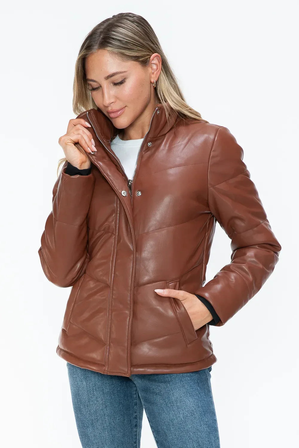 Snobbish Pocketed Zip Up Turtleneck Puffer Jacket - Piña Colada