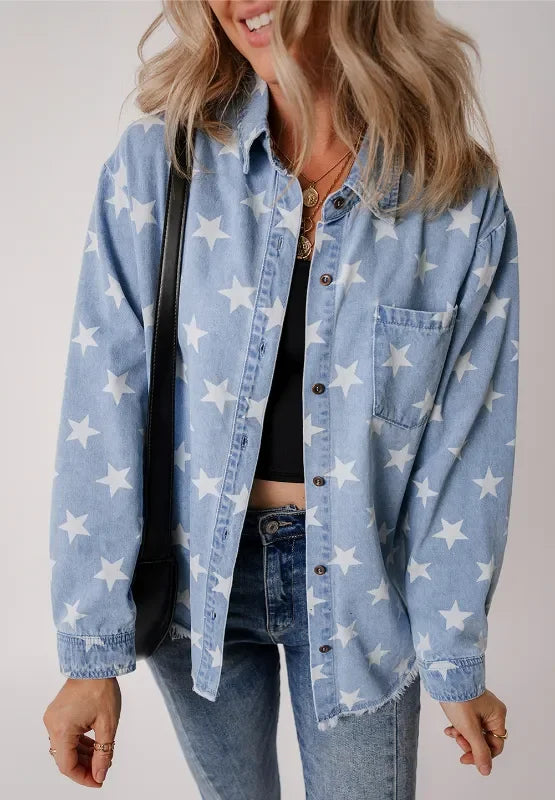 Star Collared Neck Denim Jacket - Piña Colada