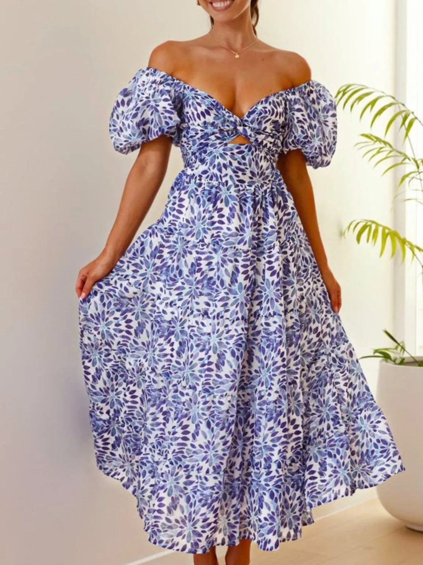 Off-Shoulder Floral Tiered Dress with Ruffle Details - Piña Colada
