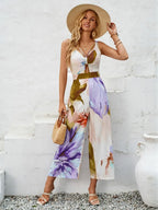 Cutout Printed Wide Strap Jumpsuit - Piña Colada