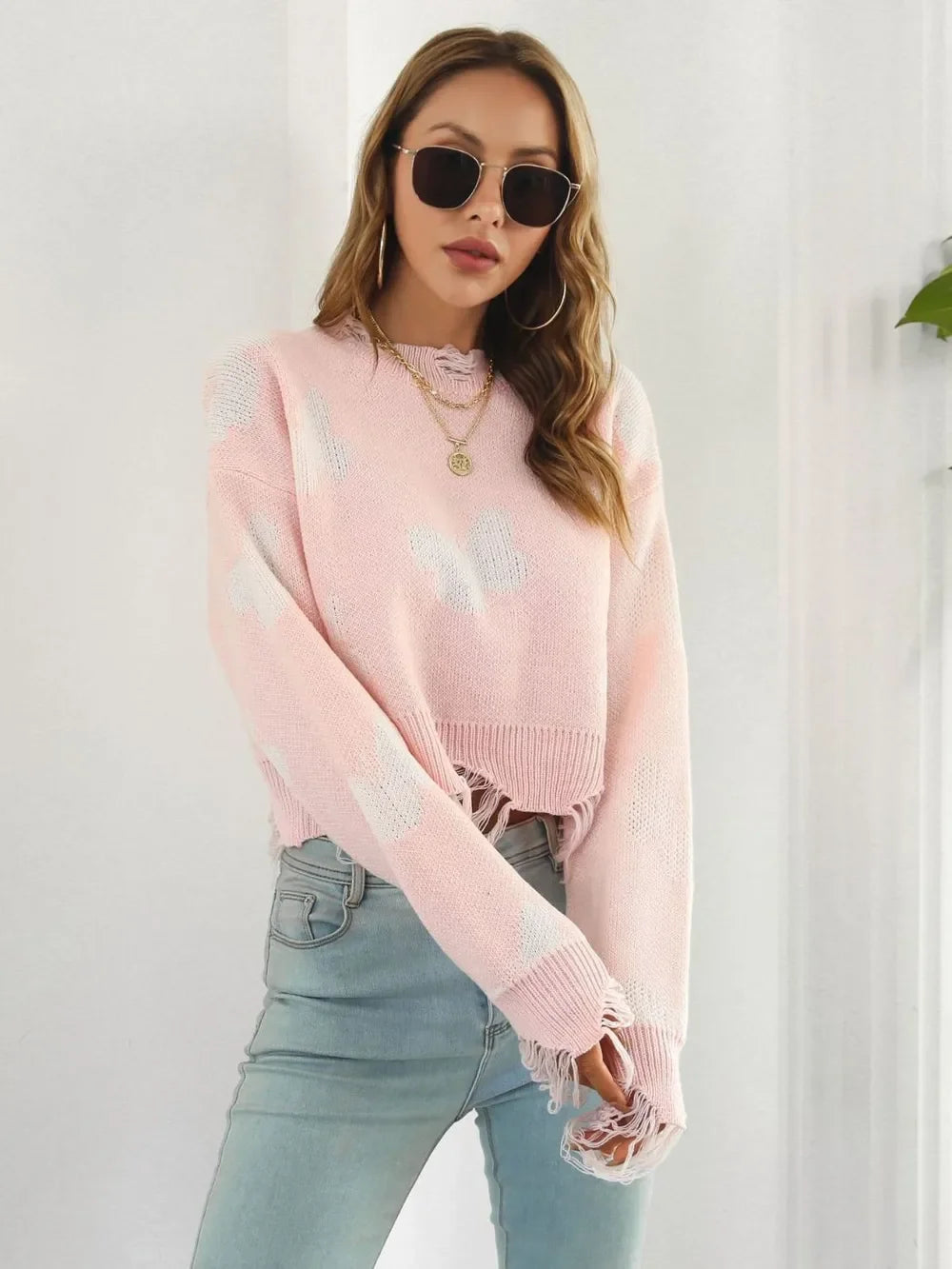 Distressed Butterfly Cropped Sweater - Piña Colada