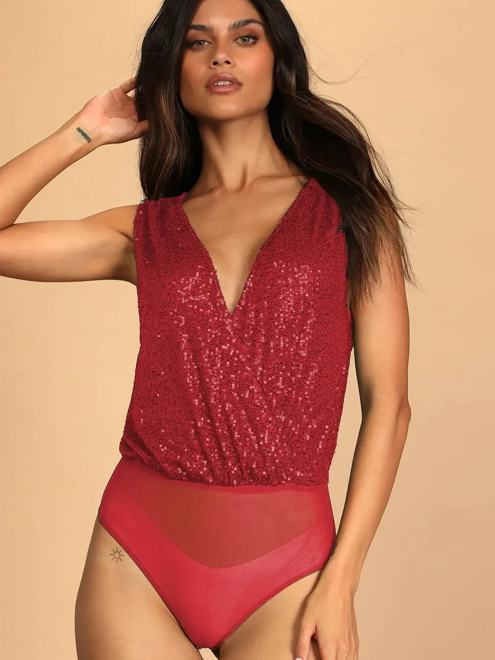 Sequin Surplice Sleeveless Bodysuit - Piña Colada