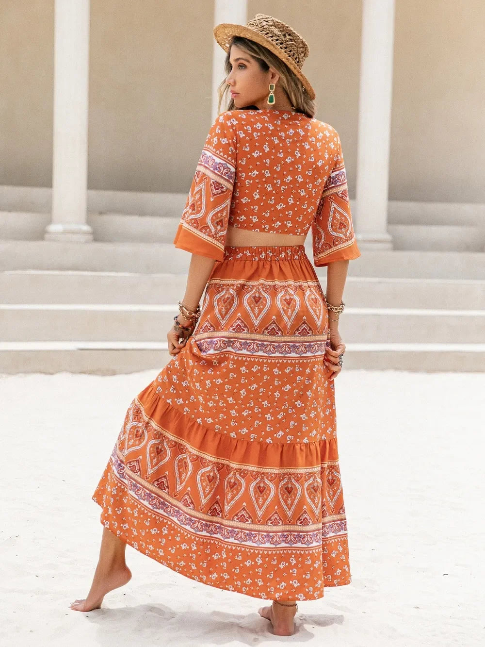 Printed Plunge Half Sleeve Top and Skirt Set - Piña Colada