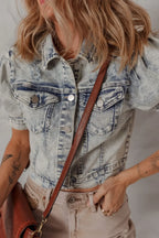 Wash Buttoned Chest Pocket Puff Sleeve Denim Jacket - Piña Colada