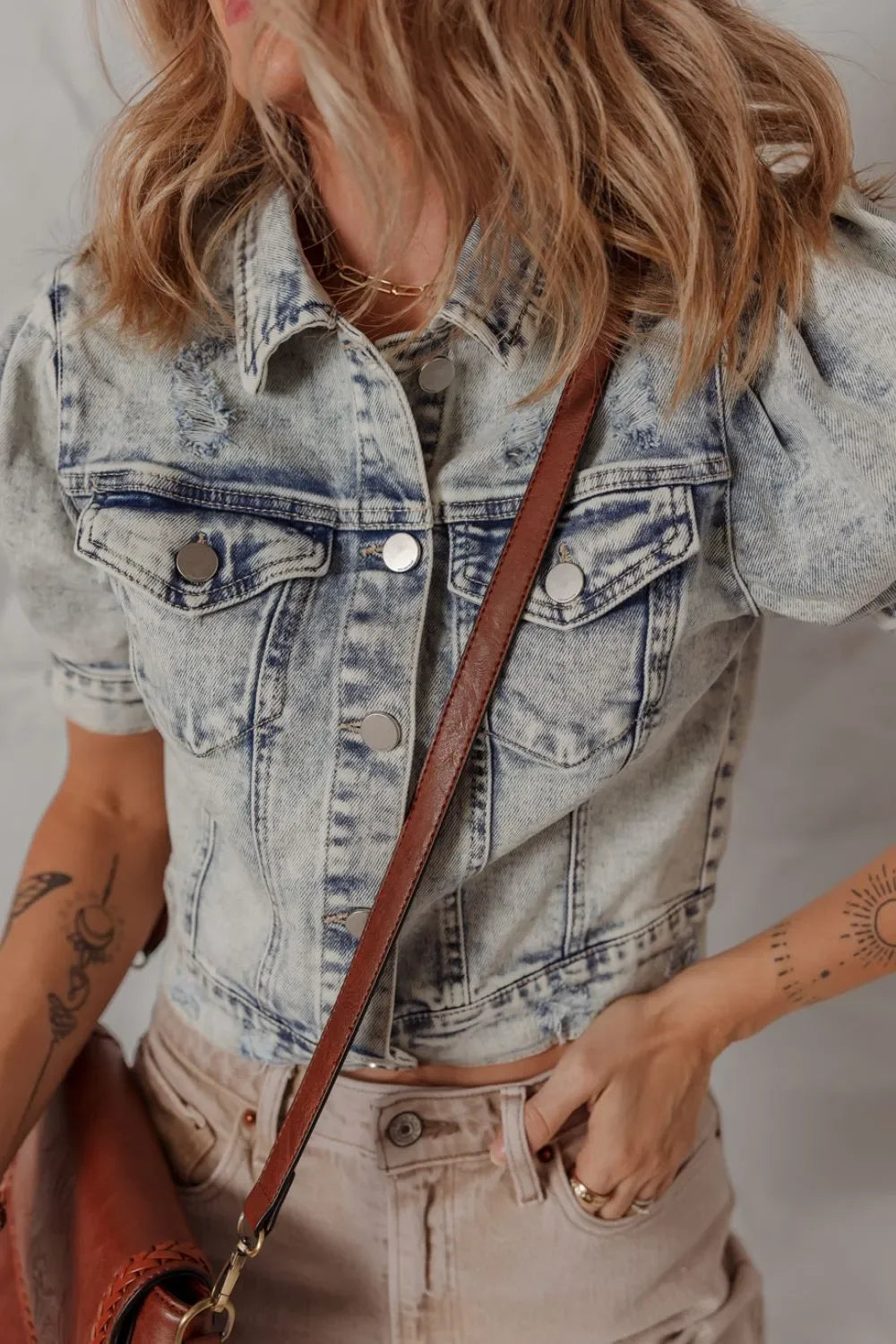 Wash Buttoned Chest Pocket Puff Sleeve Denim Jacket - Piña Colada
