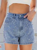 Rhinestone Washed High Waist Denim Shorts - Piña Colada