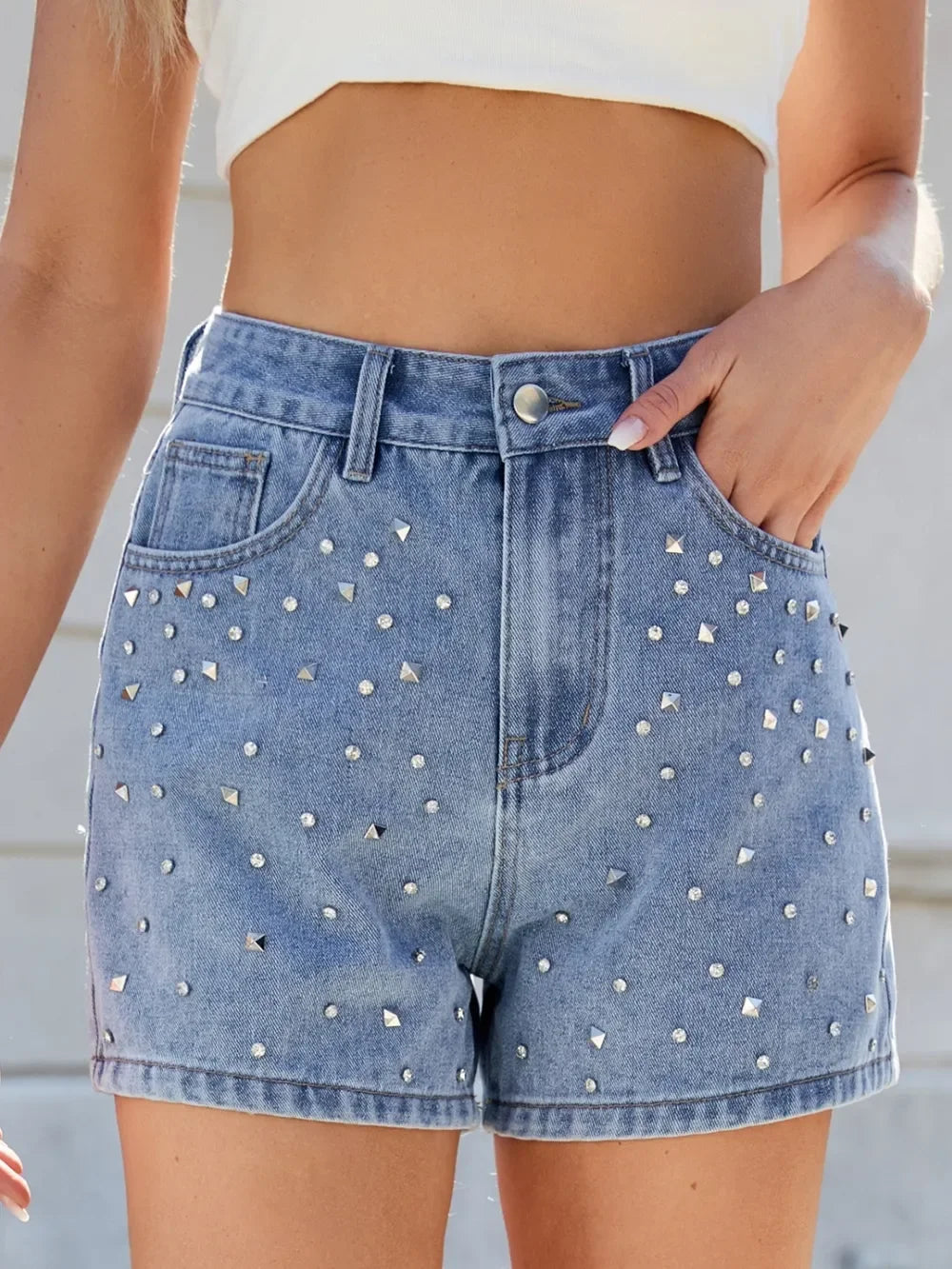 Rhinestone Washed High Waist Denim Shorts - Piña Colada