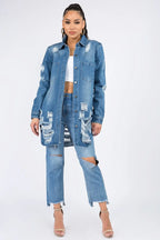 American Bazi Distressed Button Down Denim Shirt Jacket - Piña Colada