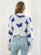 Distressed Butterfly Cropped Sweater - Piña Colada