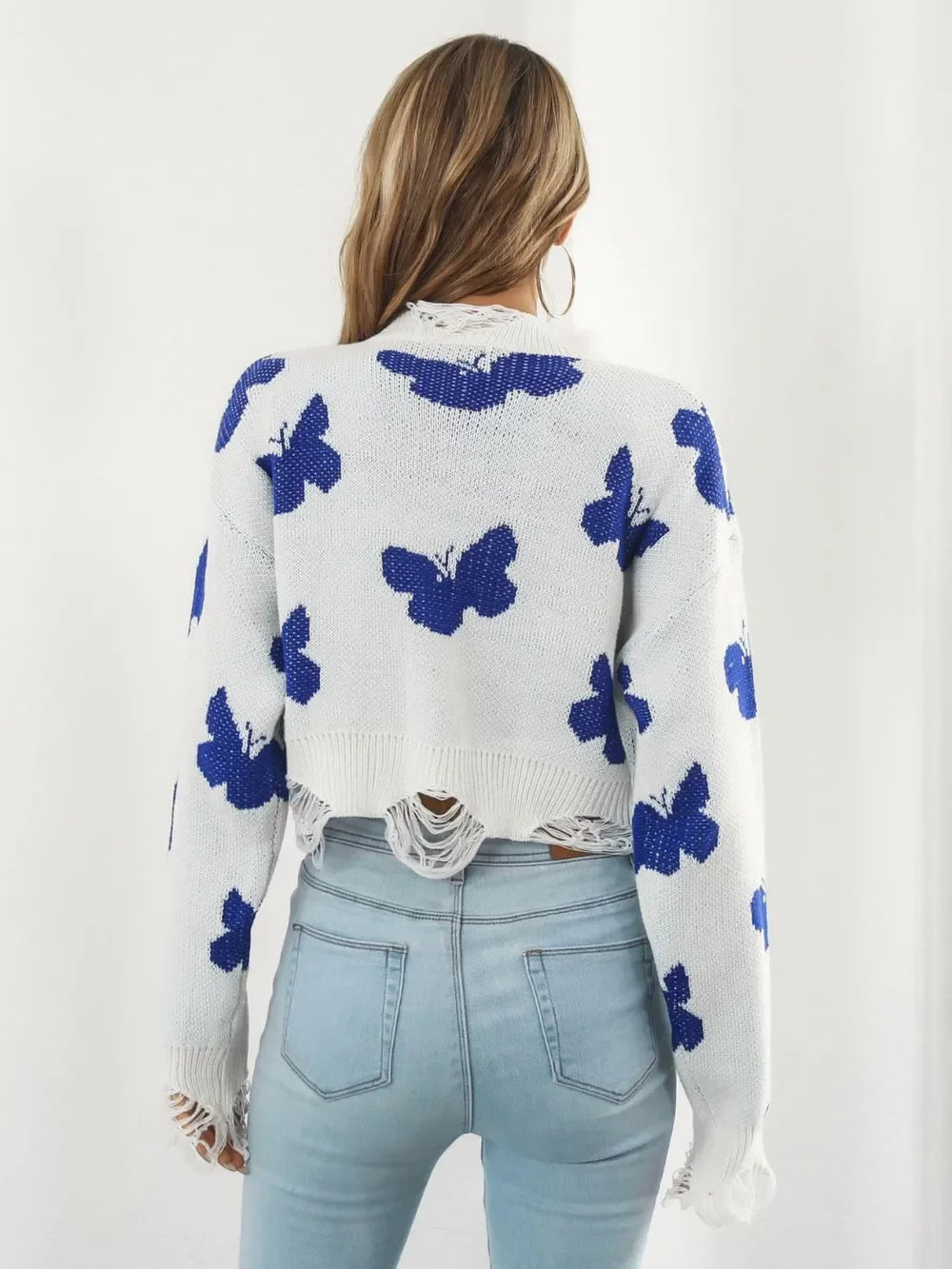 Distressed Butterfly Cropped Sweater - Piña Colada