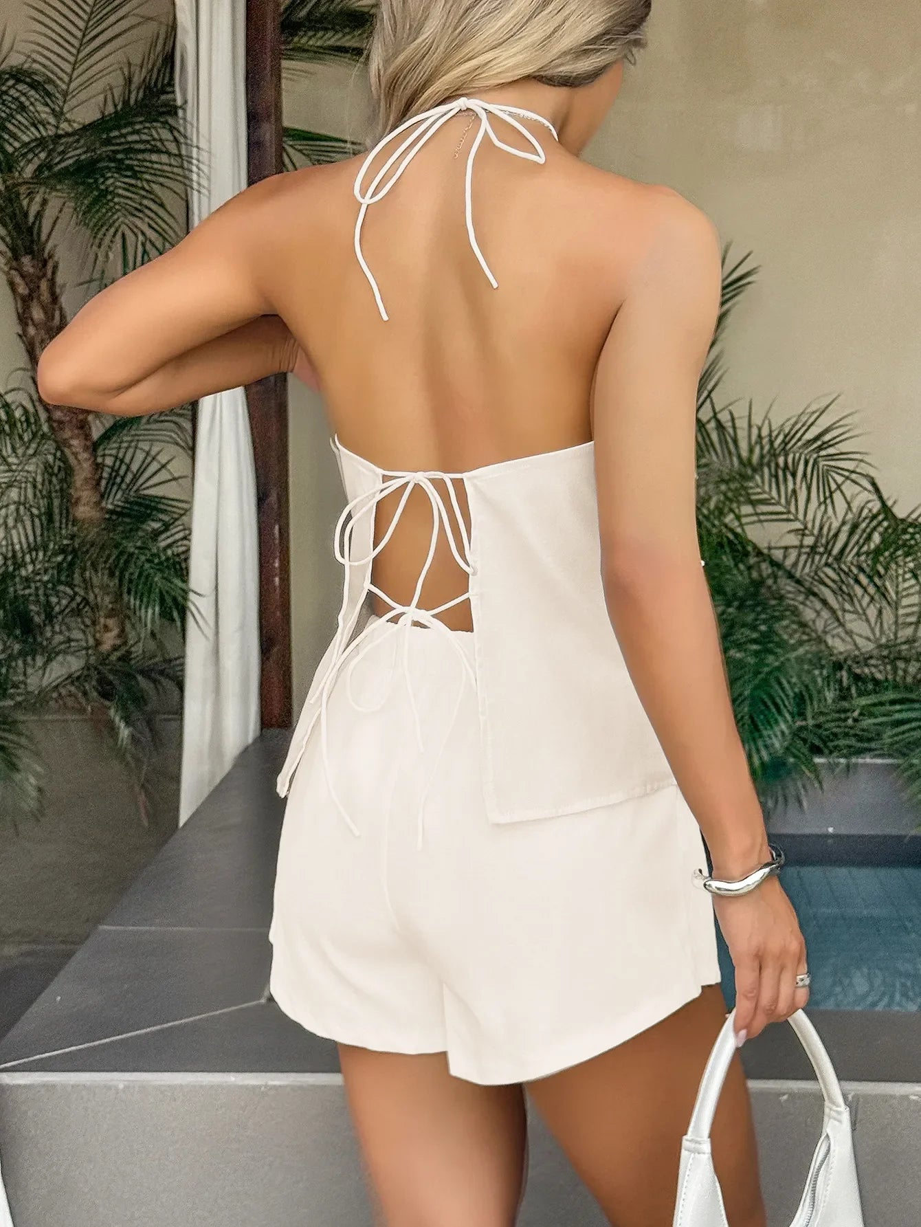 Tied Front Halter Neck Cami and Shorts Set - Piña Colada