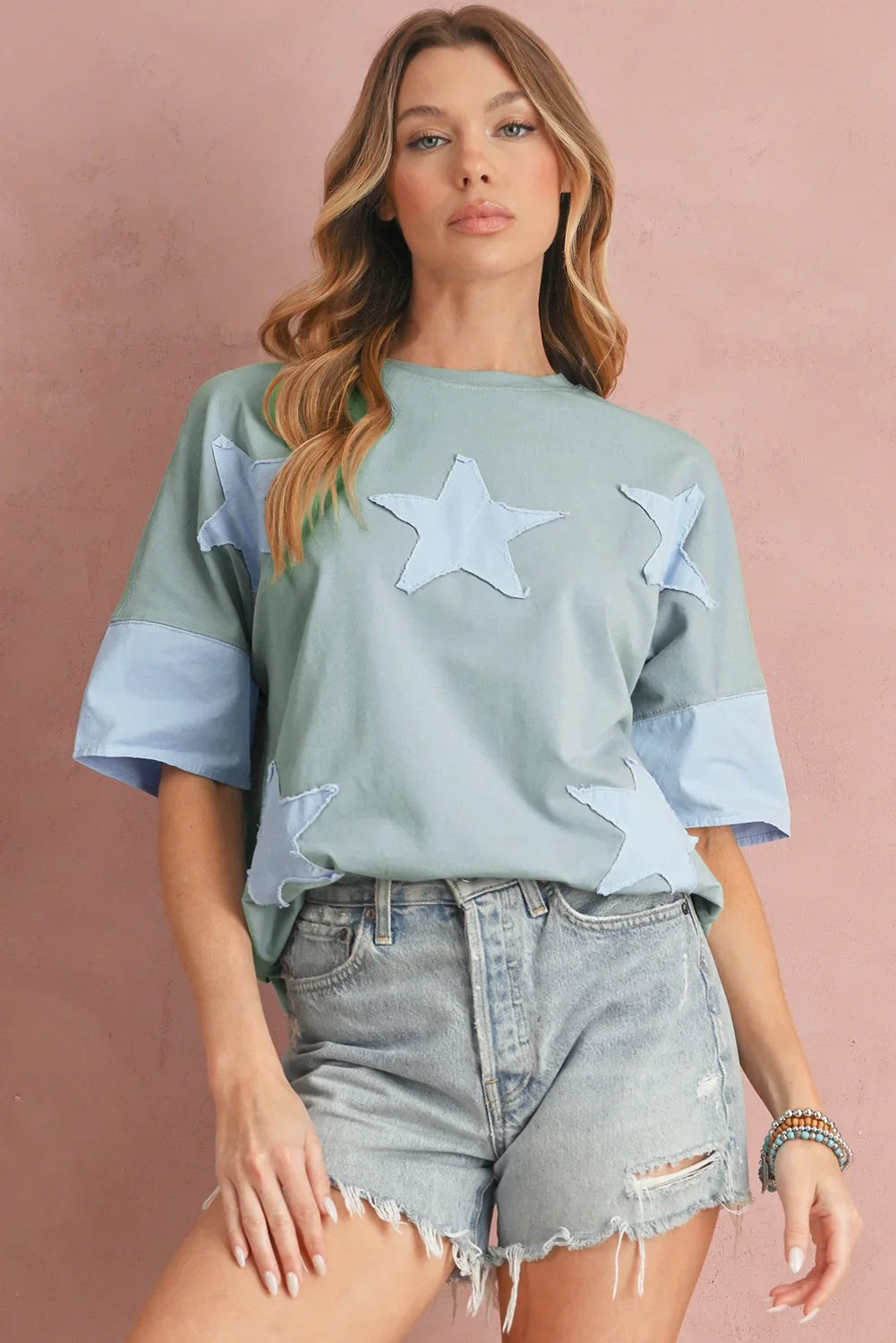 Oversized Star Patch T-Shirt – Raw Hem Split Design for Women - Piña Colada