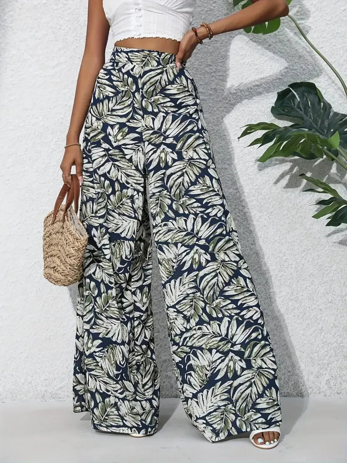 Printed High Waist Wide Leg Pants - Piña Colada