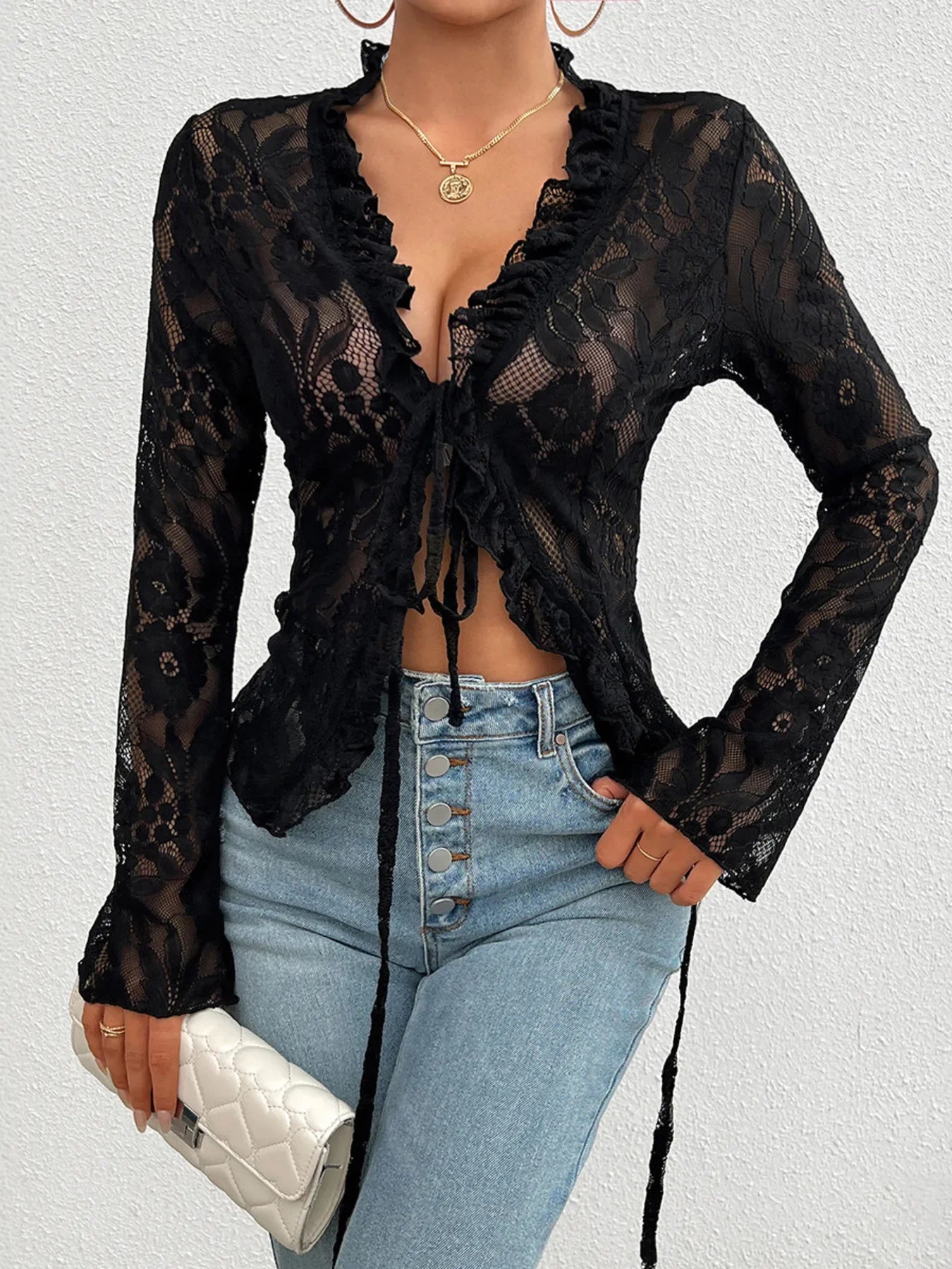 Tie Front Long Sleeve Lace Top - Piña Colada