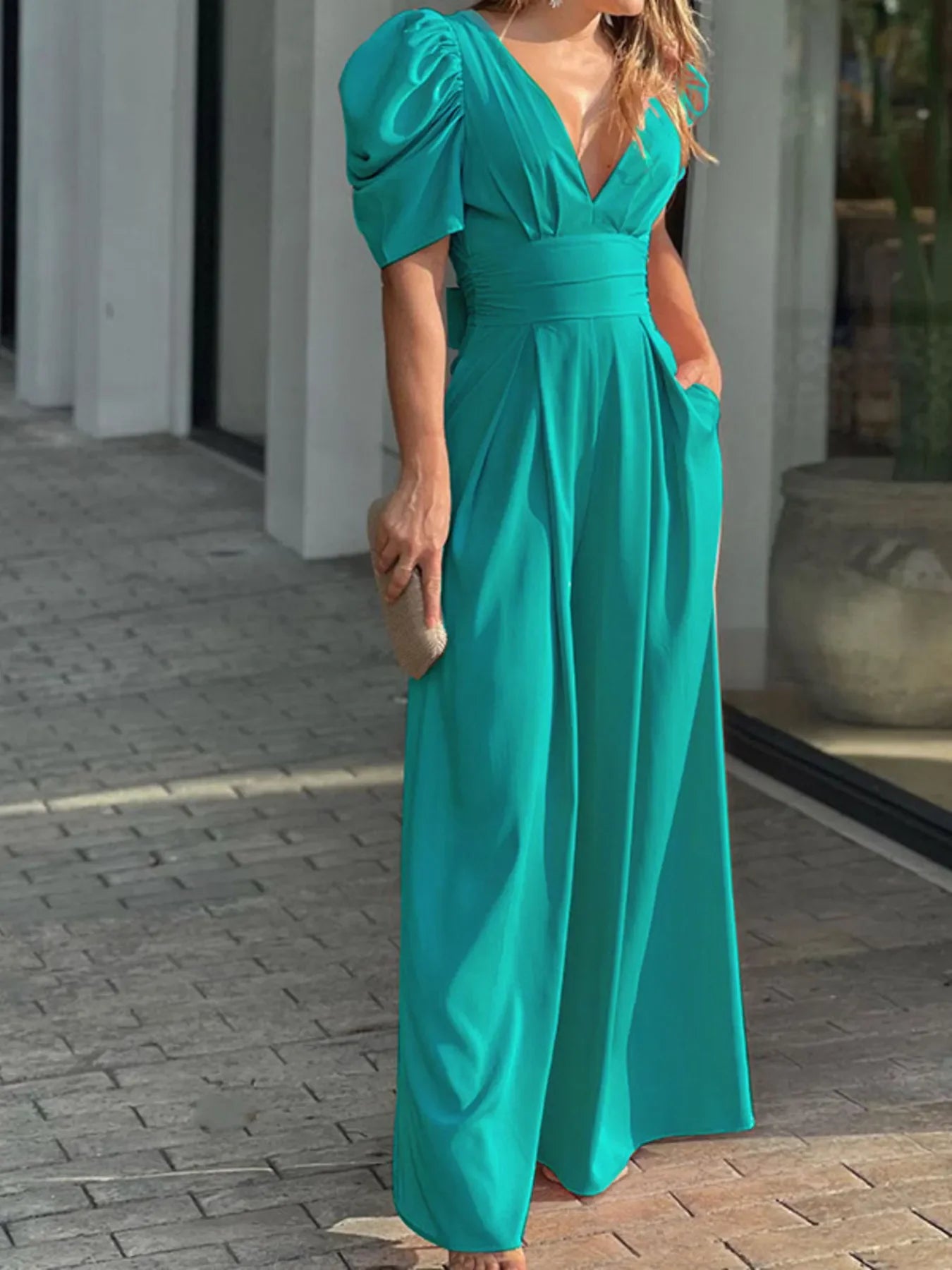 Full Size Cutout V-Neck Puff Sleeve Jumpsuit Plus Size - Piña Colada