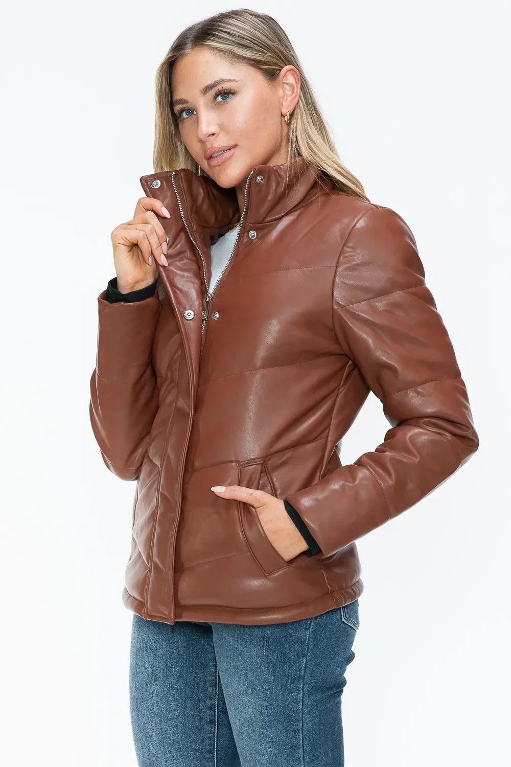 Snobbish Pocketed Zip Up Turtleneck Puffer Jacket - Piña Colada