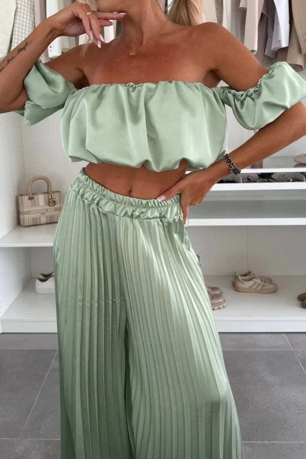 Off-Shoulder Top and Pleated Pants Set - Piña Colada