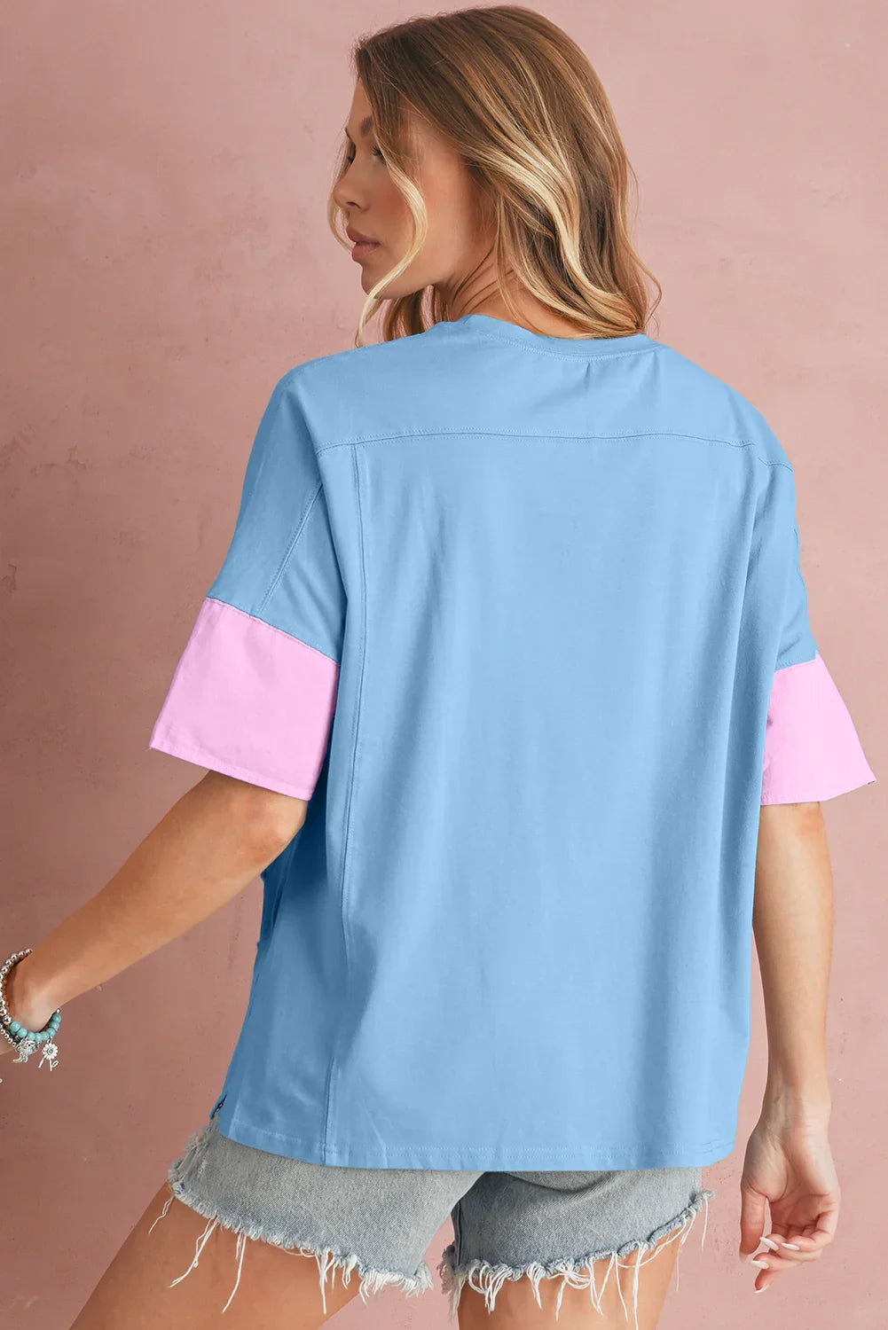 Oversized Star Patch T-Shirt – Raw Hem Split Design for Women - Piña Colada