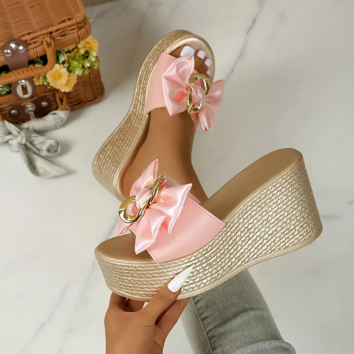 Bow Open Toe Platform Sandals - Piña Colada