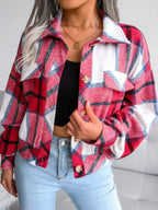 Plaid Collared Neck Long Sleeve Jacket - Piña Colada