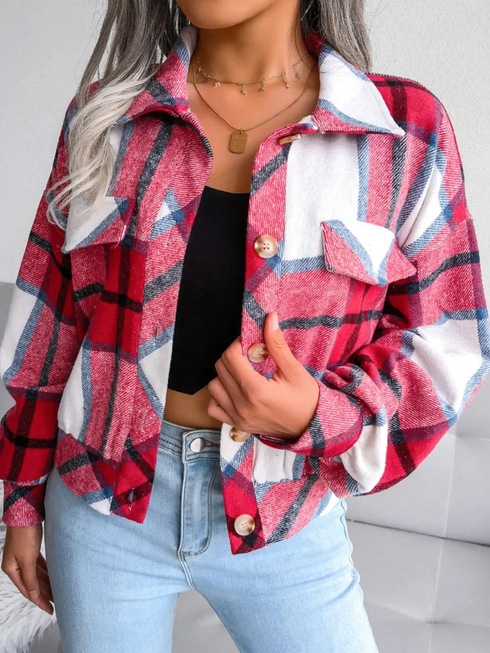 Plaid Collared Neck Long Sleeve Jacket - Piña Colada