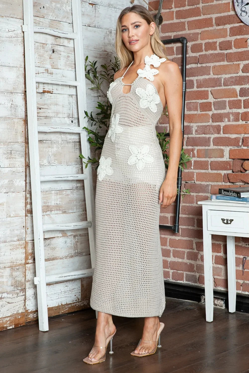 Crochet Flower Halter Neck Knit Dress - Piña Colada