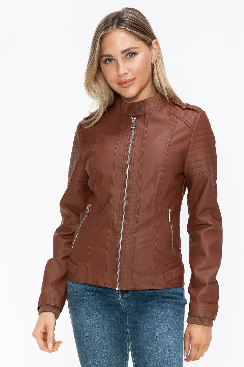 Snobbish PU Leather Biker Jacket with Side Zip Pockets - Piña Colada