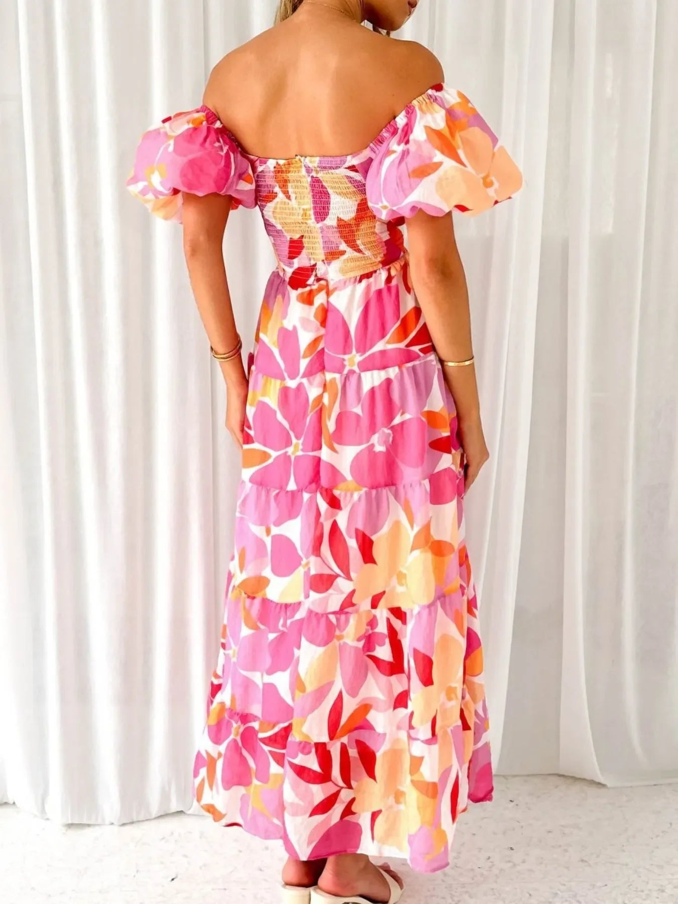 Off-Shoulder Floral Tiered Dress with Ruffle Details - Piña Colada