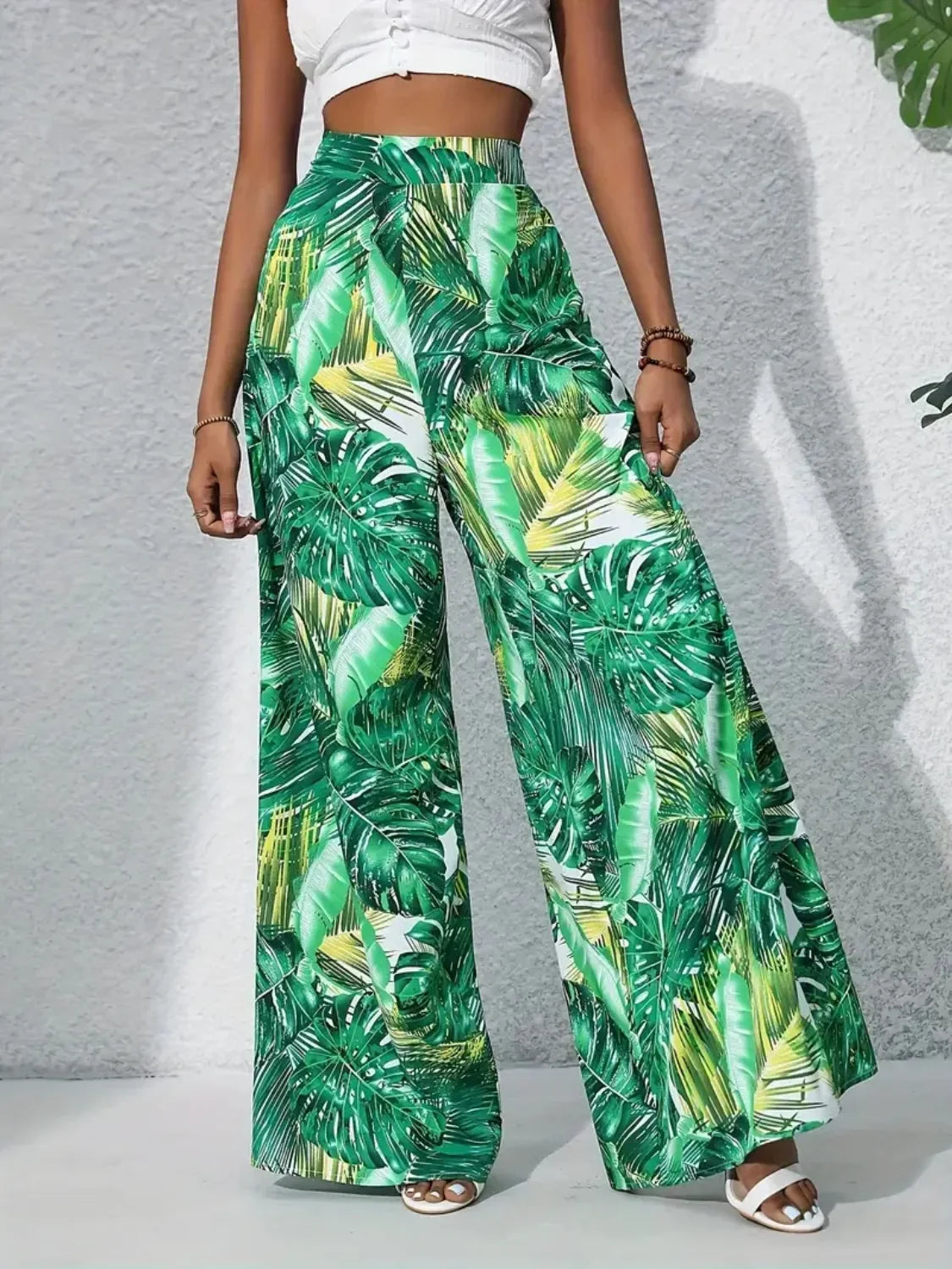 Printed High Waist Wide Leg Pants - Piña Colada