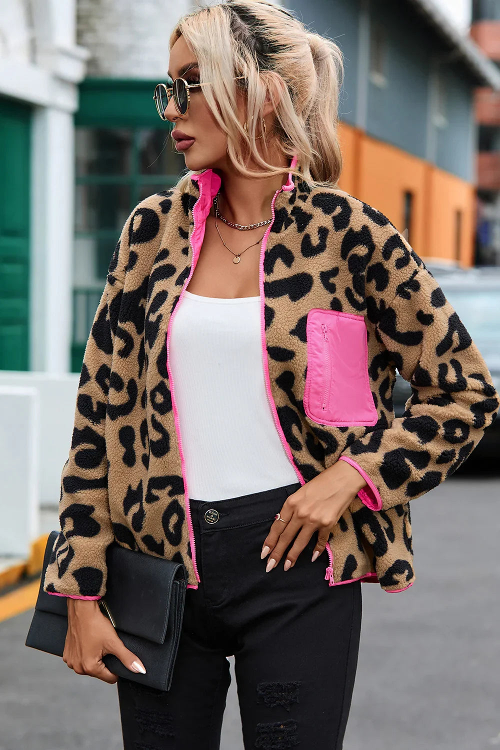 Leopard Zip-Up Dropped Shoulder Jacket - Piña Colada