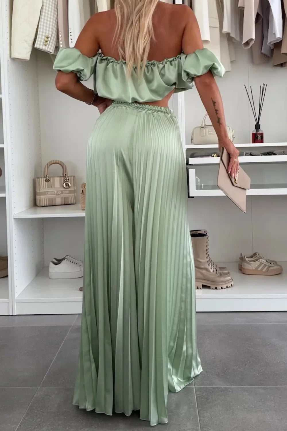 Off-Shoulder Top and Pleated Pants Set - Piña Colada