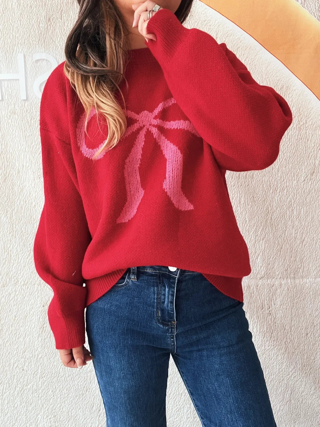 Bow Pattern Casual Long Sleeve Sweater - Piña Colada