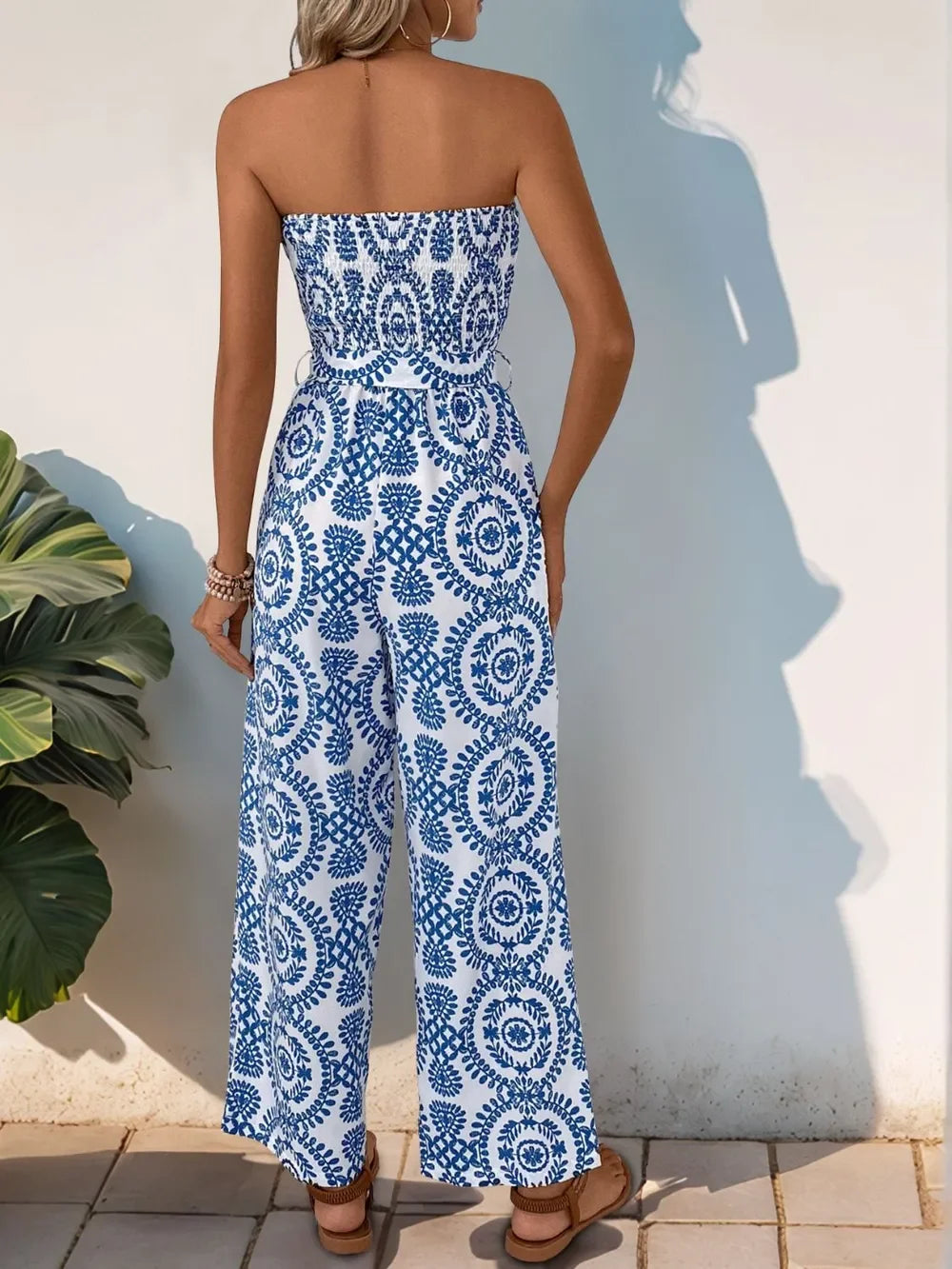 Perfee Smocked Tube Wide Leg Jumpsuit - Piña Colada