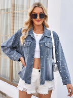 Pearl Trim Raw Hem Denim Jacket - Piña Colada