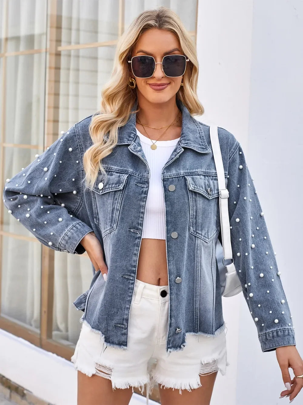 Pearl Trim Raw Hem Denim Jacket - Piña Colada