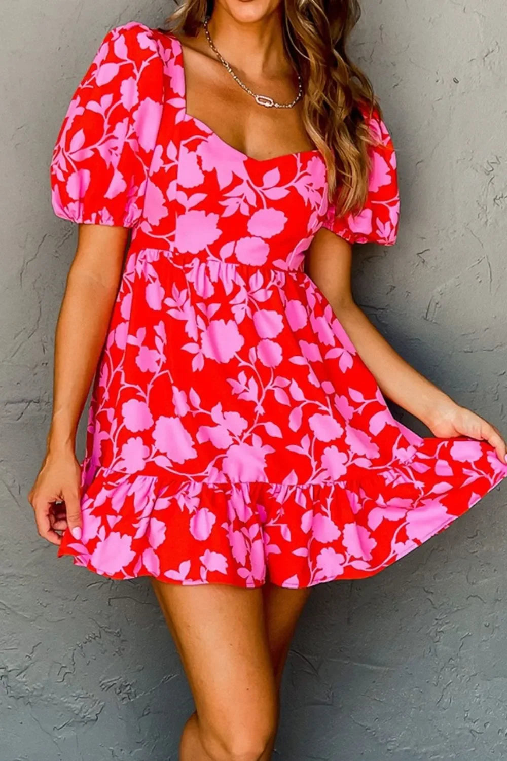 Floral Puff Sleeve Sweetheart Neck Ruffled Mini Dress - Piña Colada