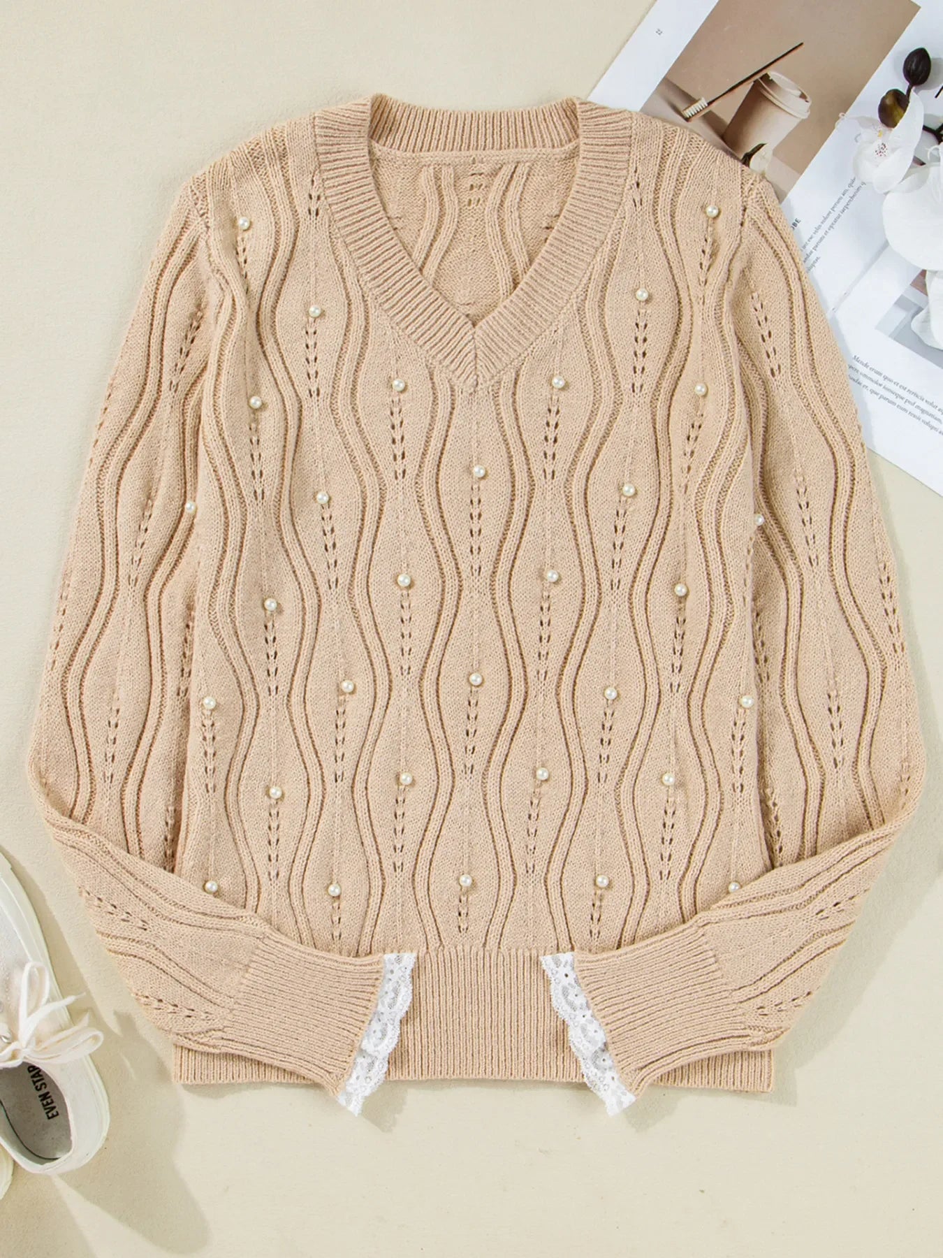 Pearl Beaded Pointelle Knit V Neck Lace Patchwork Sleeve Sweater - Piña Colada