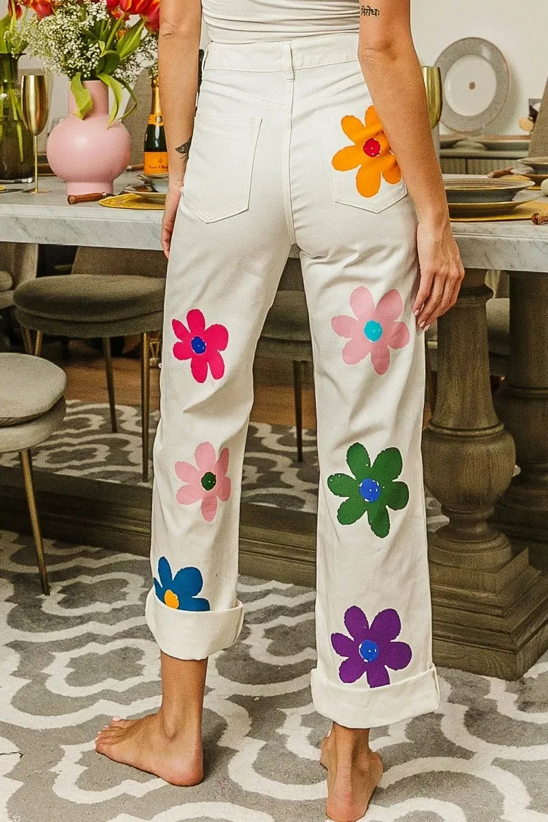 BiBi Flower Print Straight Legs Pants - Piña Colada