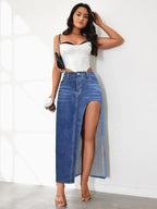 High Rise Slit Denim Skirt - Piña Colada