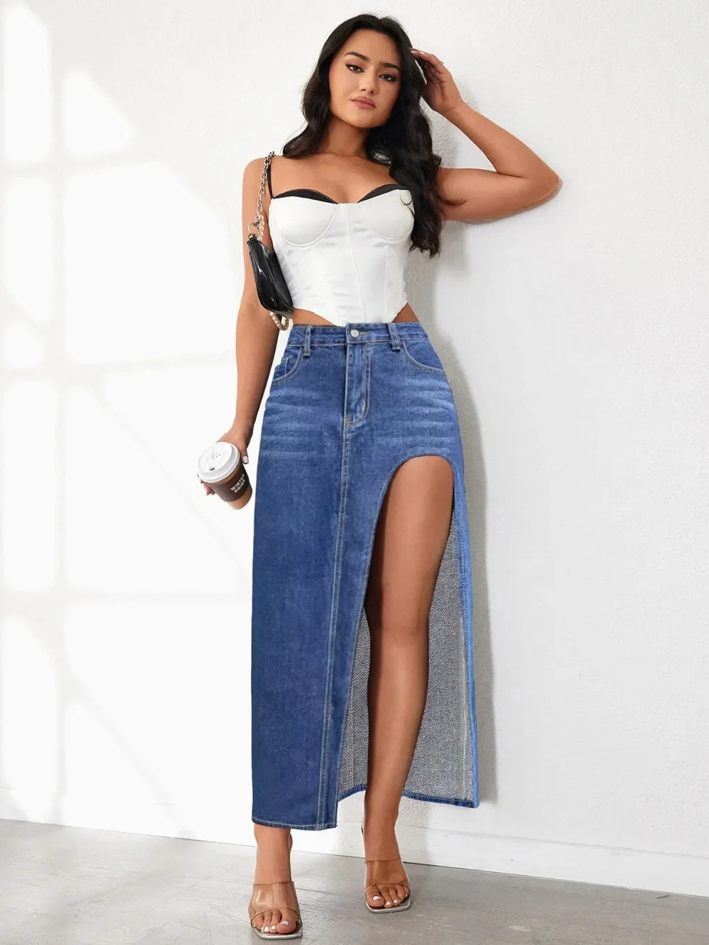 High Rise Slit Denim Skirt - Piña Colada