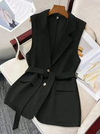 Tie Waist Lapel Collar Sleeveless Blazer - Piña Colada