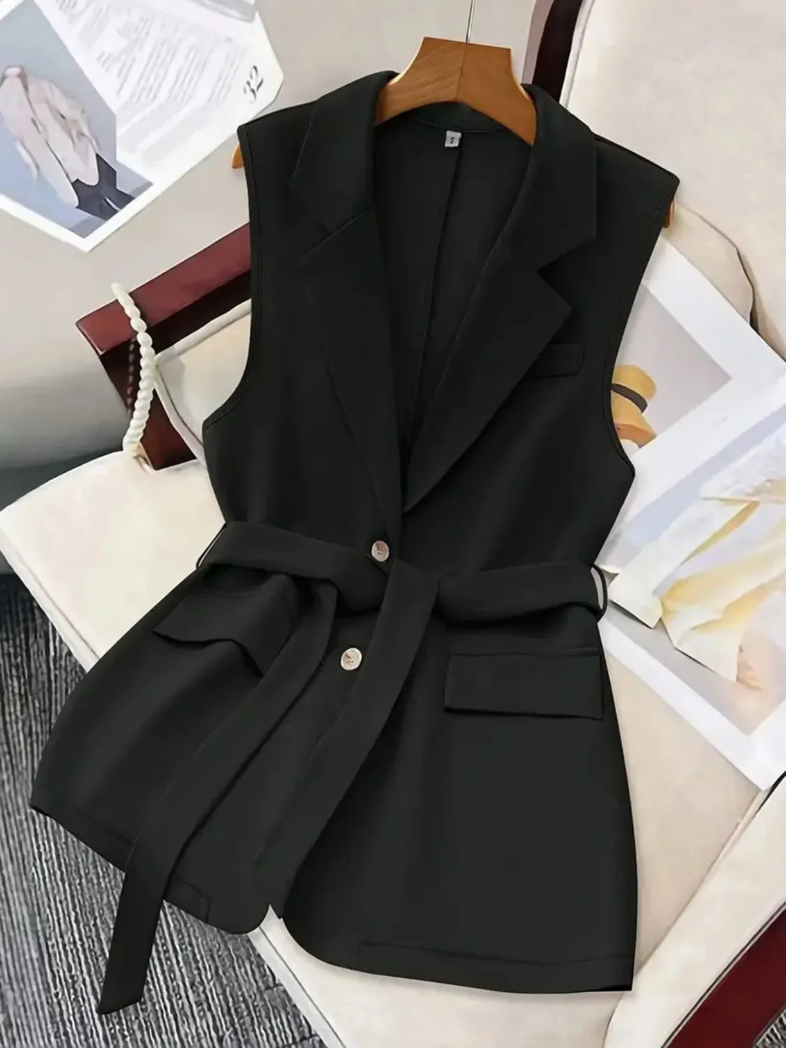 Tie Waist Lapel Collar Sleeveless Blazer - Piña Colada
